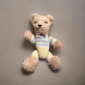 Antique 1940s Teddy Bear 6.5" Mohair Jointed Hand Knit Outfit